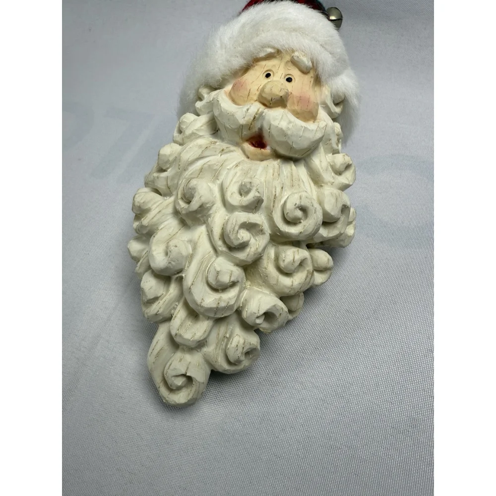 Santa Claus Face Christmas Ornament Resin Plaid Hat w/ Bell 11” Vintage? Holiday